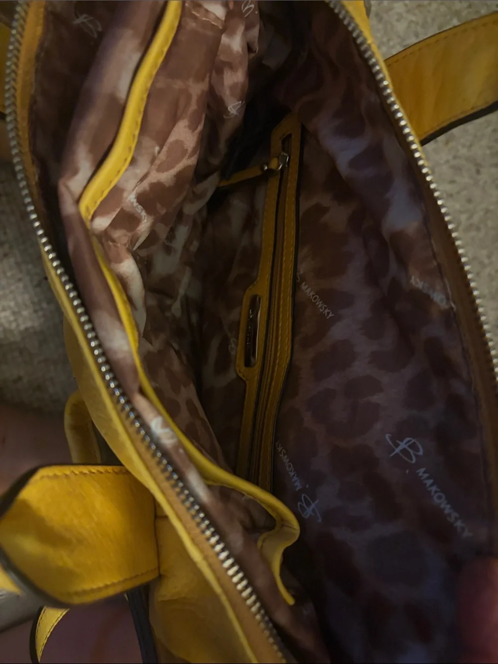B Makowsky Yellow Leather Satchel Handbag with Shoulder Strap